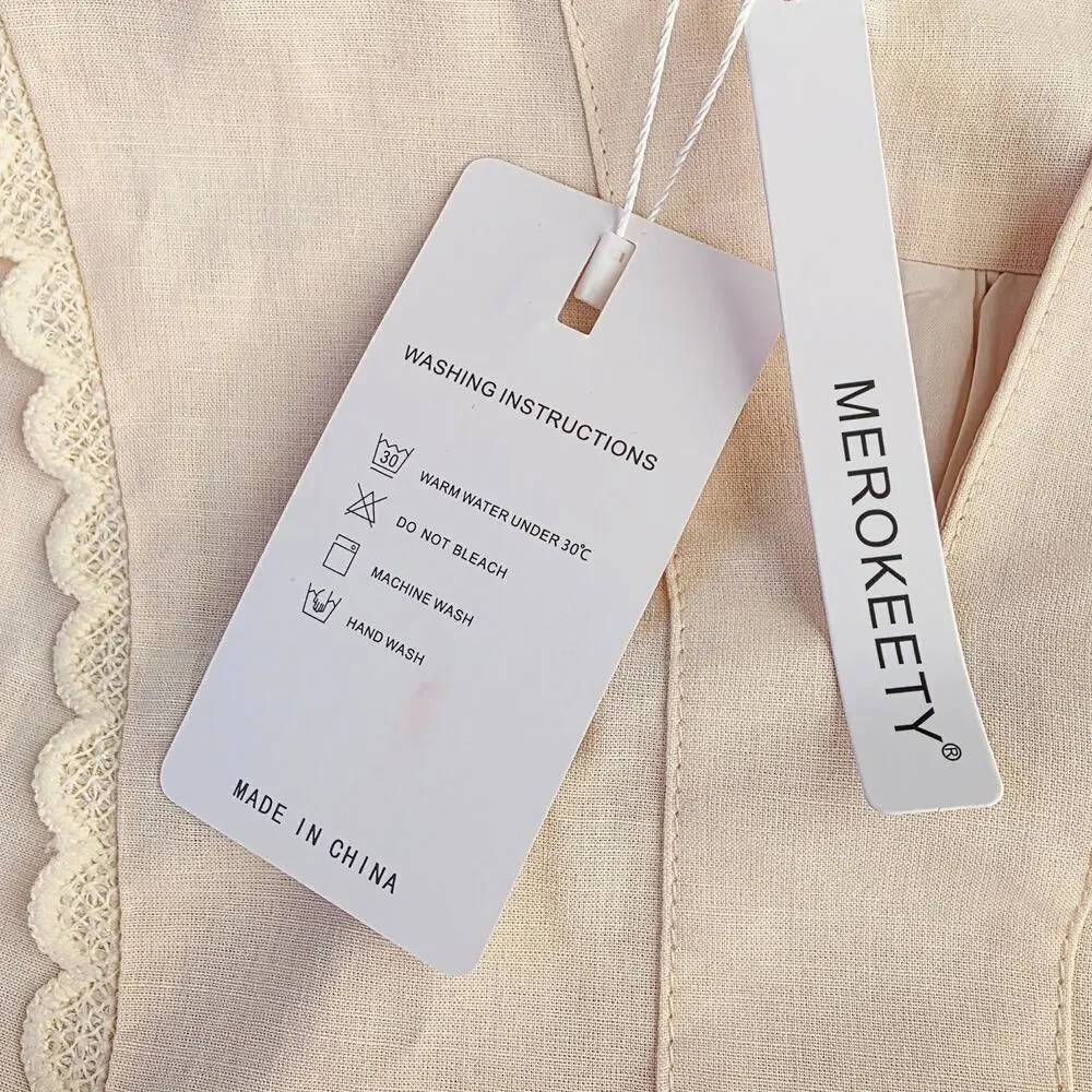 New MEROKEETY Midi Dress Medium Cream Tie Waist Bell Sleeve Cottagecore Milkmaid - Picture 9 of 13